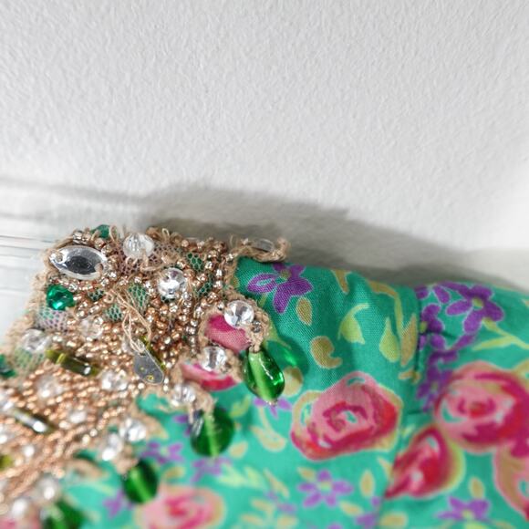 Vintage Plenty by Tracy Reese Green Floral Crystal Beaded Cotton Mini Dress 8 - Picture 9 of 16